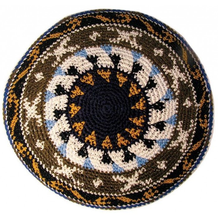 Black Knitted Kippah with White, Blue, Black, Brown and Yellow Stripes