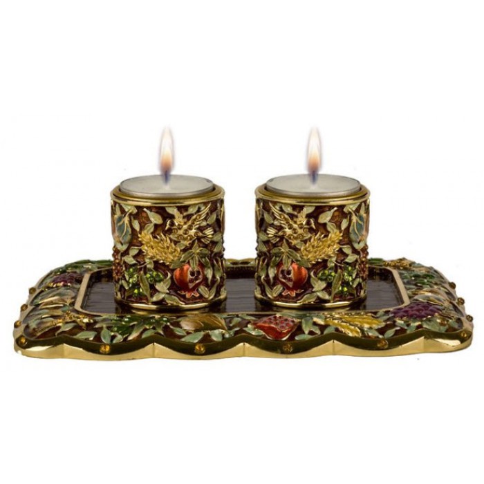 Seven Species Short Shabbat Candlesticks with Tray, Gold-plating and Amber Enamel