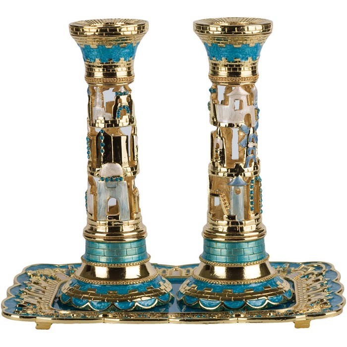 Column Jerusalem Shabbat Candlesticks with Tray, Aqua Enamel and Gold-plating