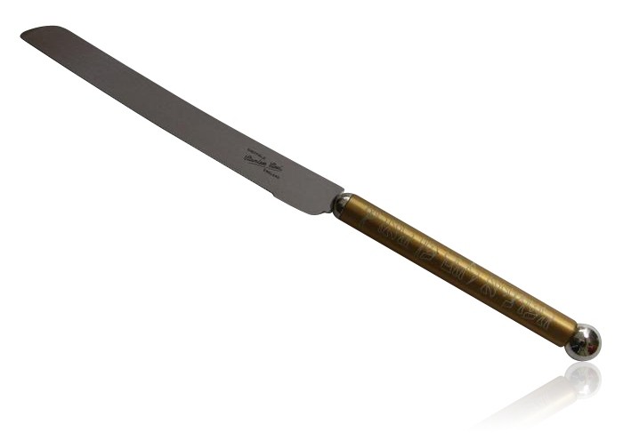 Challah Knife with Stainless Steel Blade and Gold Handle and Hebrew Blessing