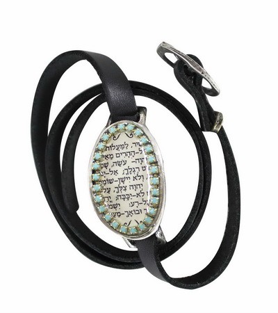 Black Leather Bracelet with Hebrew Text and Light Blue Crystals