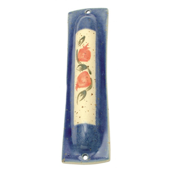 Blue Ceramic Mezuzah with Pomegranate and Stylized Green Flowers