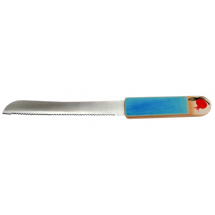 Ceramic and Stainless Steel Challah Knife with Turquoise Handle and Pomegranate