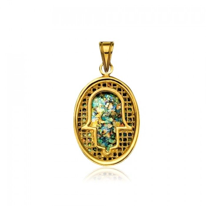 Oval Hamsa Pendent with Ancient Roman Glass in 14k Gold