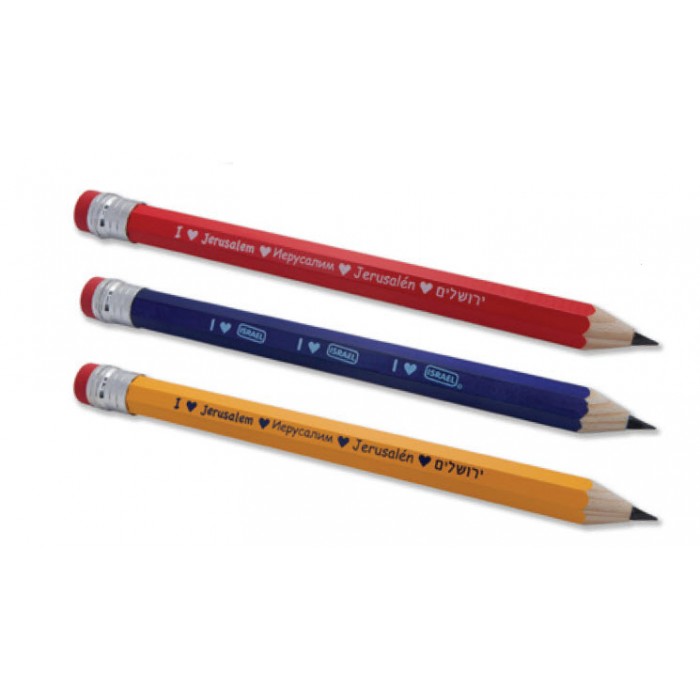 Pencil Set with English Text in White and Black on Red, Yellow and Blue