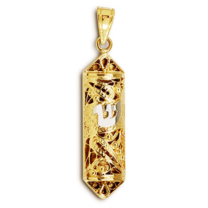 14k Yellow Gold Mezuzah Pendant with Scrolling Lines and Modern Shin