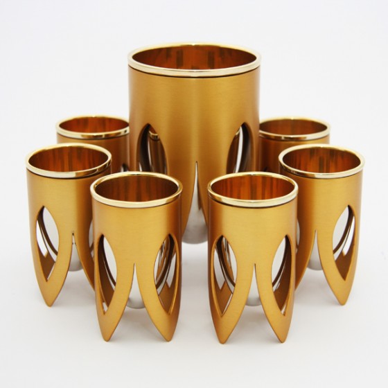Gold and Silver Nickel Kiddush Cup Set with Lotus Design and 24k Accents