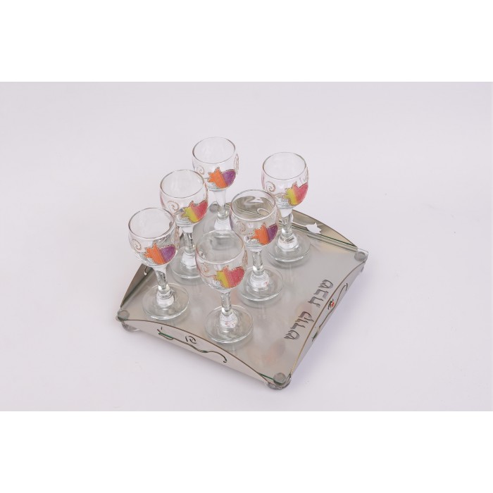 Glass Wine Cup Set with Steel Tray, Cutout Hebrew Text and Scrolling Lines