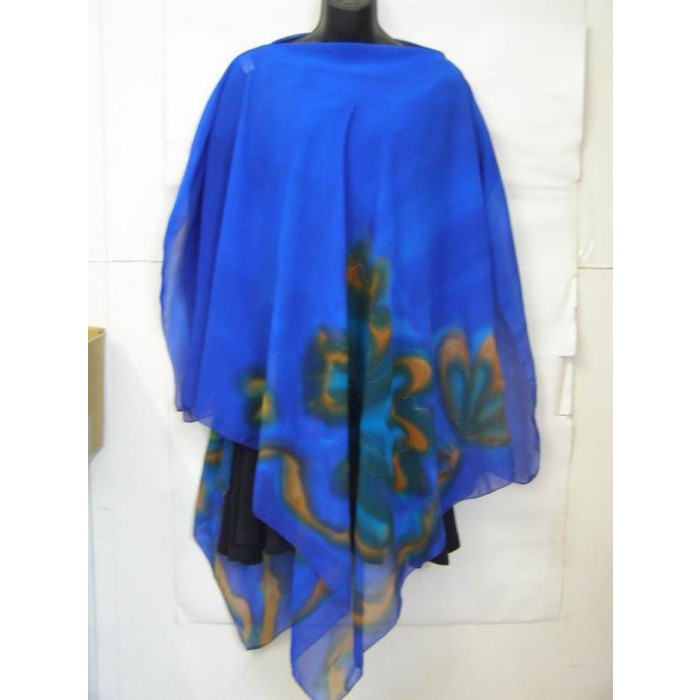 Blue Silk Poncho with Floral Design by Galilee Silks