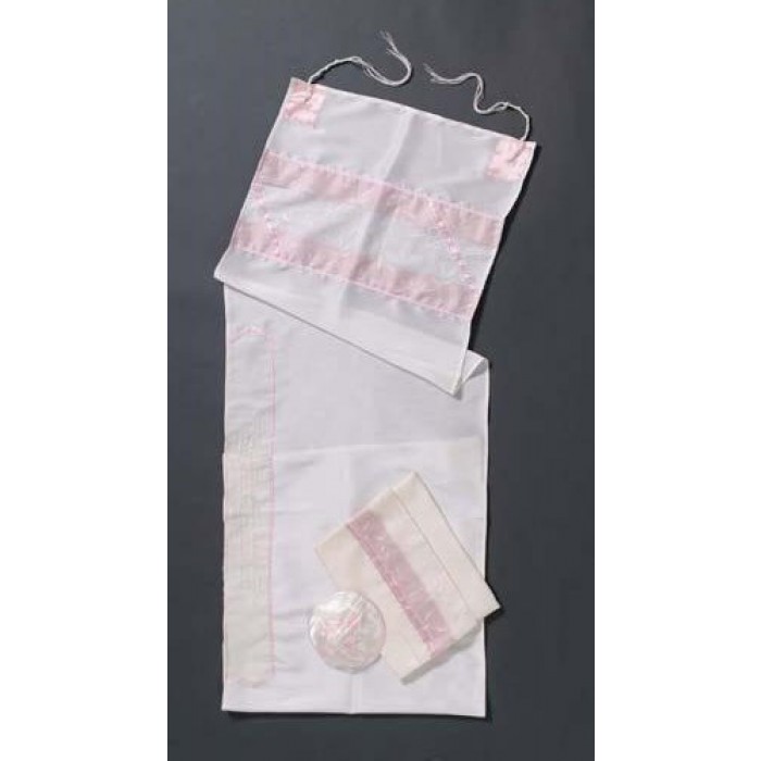 White Women’s Tallit with Pale Pink Stripes by Galilee Silks