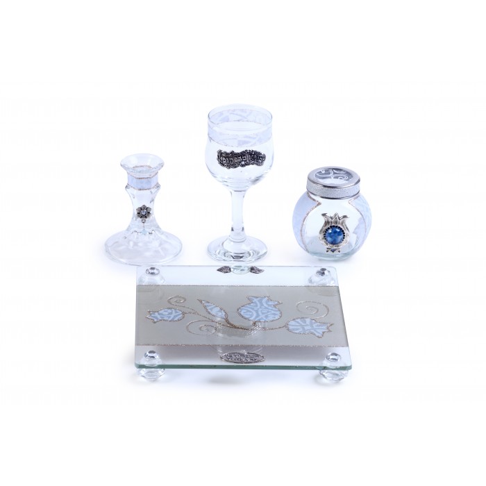 Glass Havdalah Set with White Pomegranates and Floral Pattern