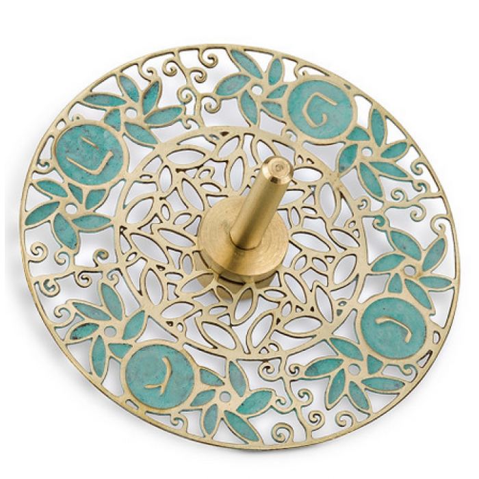 Brass Dreidel with Turquoise Leaves, Circles and Hebrew Text