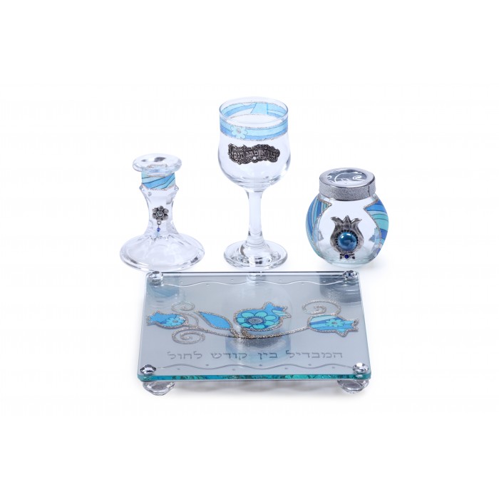 Glass Havdalah Set with Blue Stripes, Funky Flowers, and Pomegranates