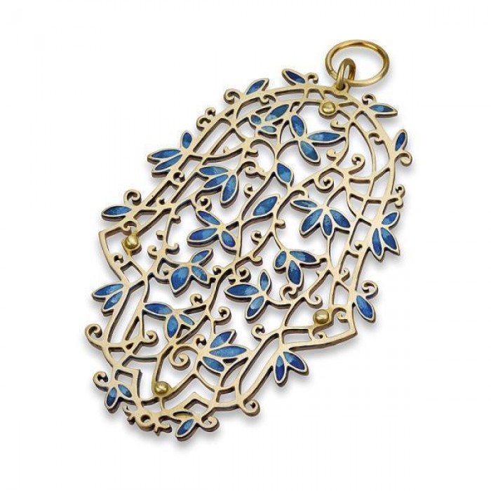 Brass ‘Lilach’ Hamsa with Blue Oriental Floral Pattern and Scrolling Lines