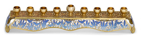 Brass Hanukkah Menorah with Blue Doves, Feathers and Scrolling Lines