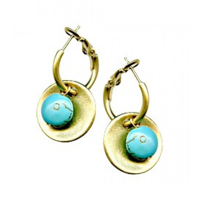 Hoop Earrings in Gold with Discs & Turquoise Stone Charm