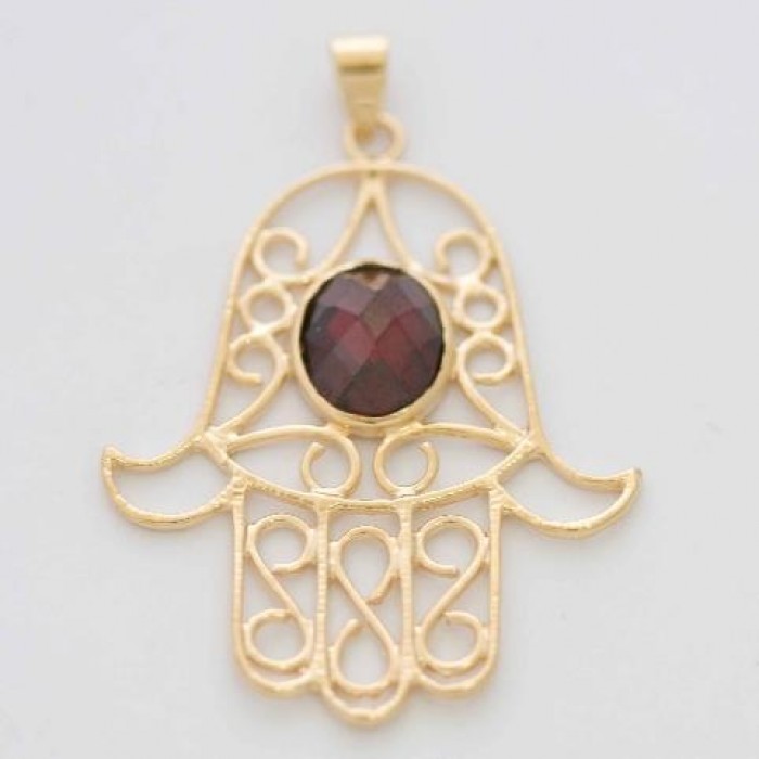 Pendant with Hamsa Design in Gold Plated with Garnet