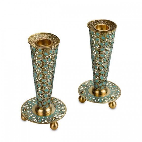 Conical Candle Holders with Flume Leaves in Turquoise