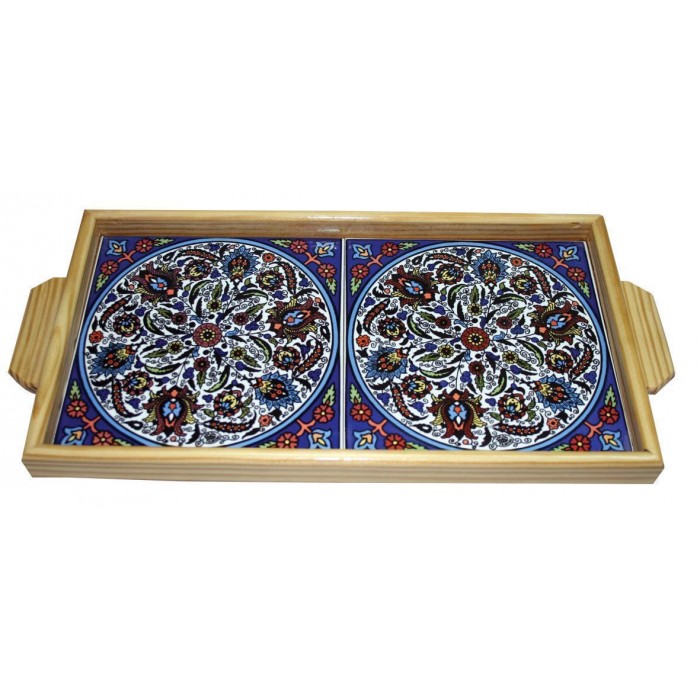 Armenian Wooden Tray with Armenian Tulip Ornamental Flower Motif