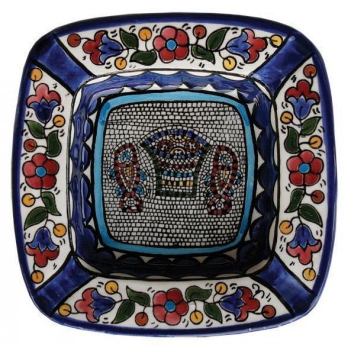 Armenian Ceramic Rounded Square Ashtray with Mosaic Fish & Bread