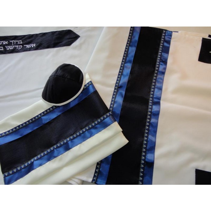 Tallit in White with Black & Blue Pattern by Galilee Silks
