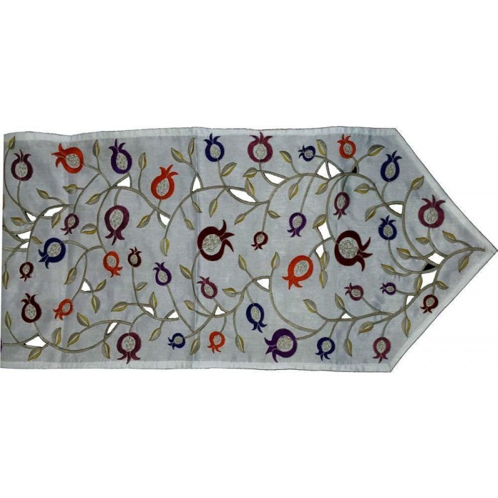 Table Runner in Gray with Colorful Pomegranates