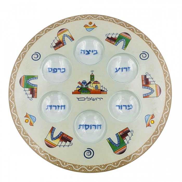 Jerusalem Themed Seder Plate Hand Painted on Glass