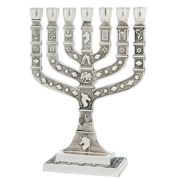 Silver Seven-Branched Menorah With Twelve Tribes of Israel