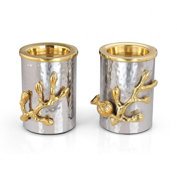 Y. Karshi Stainless Steel Hammered Candlesticks With Pomegranate Design