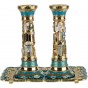 Column Jerusalem Shabbat Candlesticks with Tray, Aqua Enamel and Gold-plating