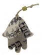 Miniature Grey and White Ceramic Hamsa with Black Hebrew Text and White Eye