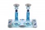Glass Shabbat Candlesticks with Blue Stripes, Flowers and Tray